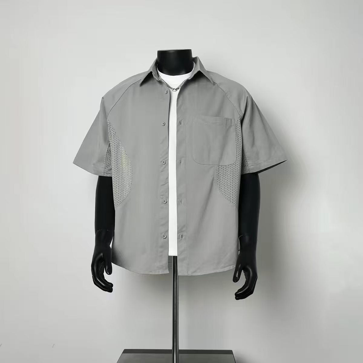 Men Breathable Mesh Cutout Loose Fit Collared Casual Outdoor Techwear Shirt