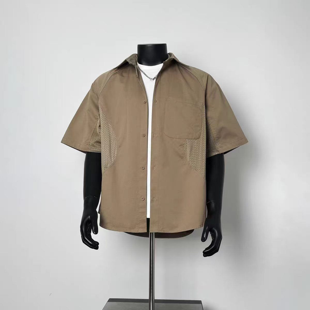 Earth Tone Khaki Ventilated Mesh Side Relaxed Fit Functional Streetwear Camp Shirt