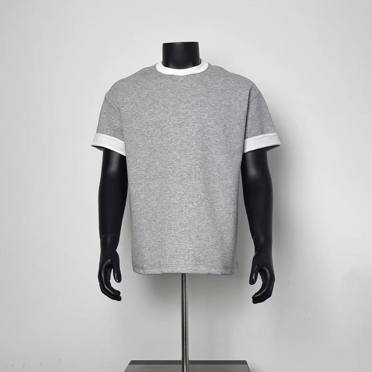 Minimal Heather Grey White Rib Collar Cuff Relaxed Fit Vintage Street Ringer Tee