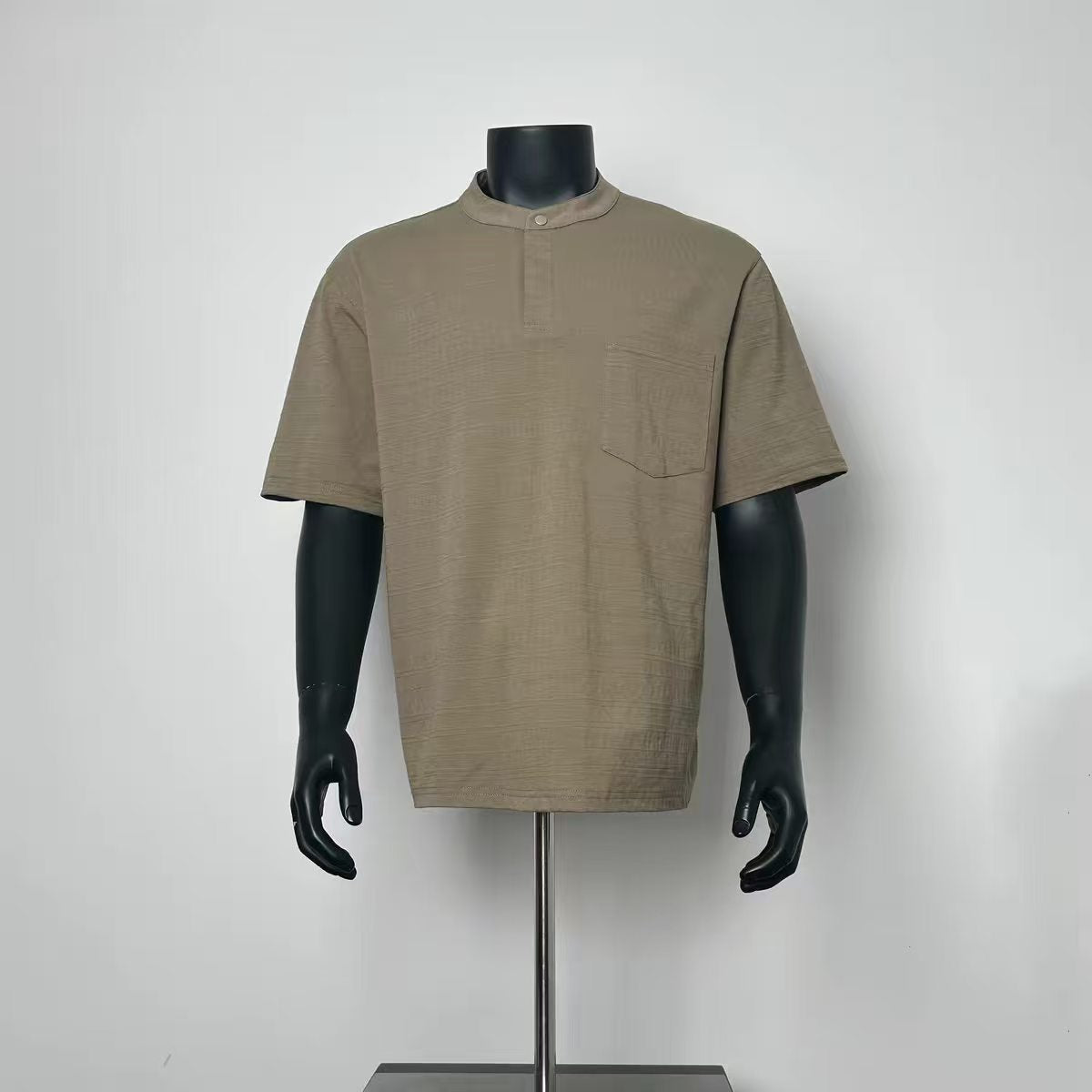 Stand Collar Button Placket Pocket Short Sleeve Henley T-Shirt Men Loose Textured Casual Tee