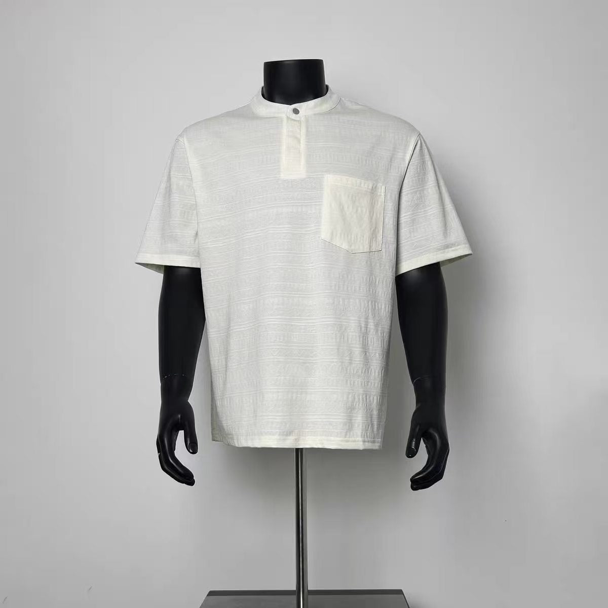 Off White Jacquard Textured Mandarin Collar Henley T-Shirt