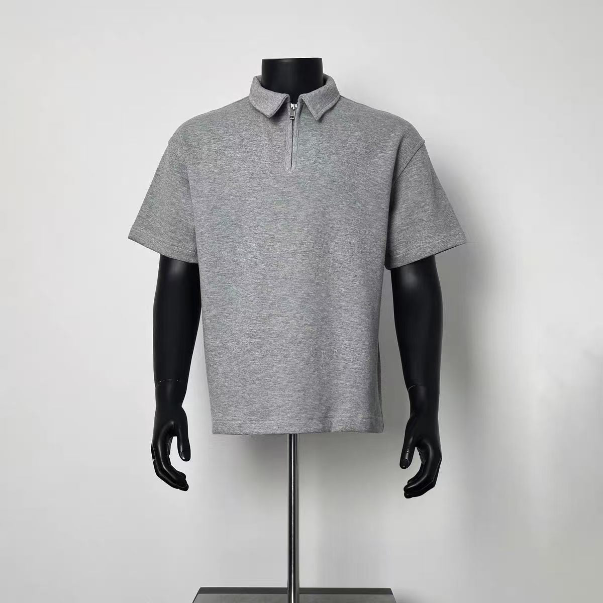 Heather Grey Quarter Zip Collar Polo Shirt Men Loose Raglan Short Sleeve Casual Top