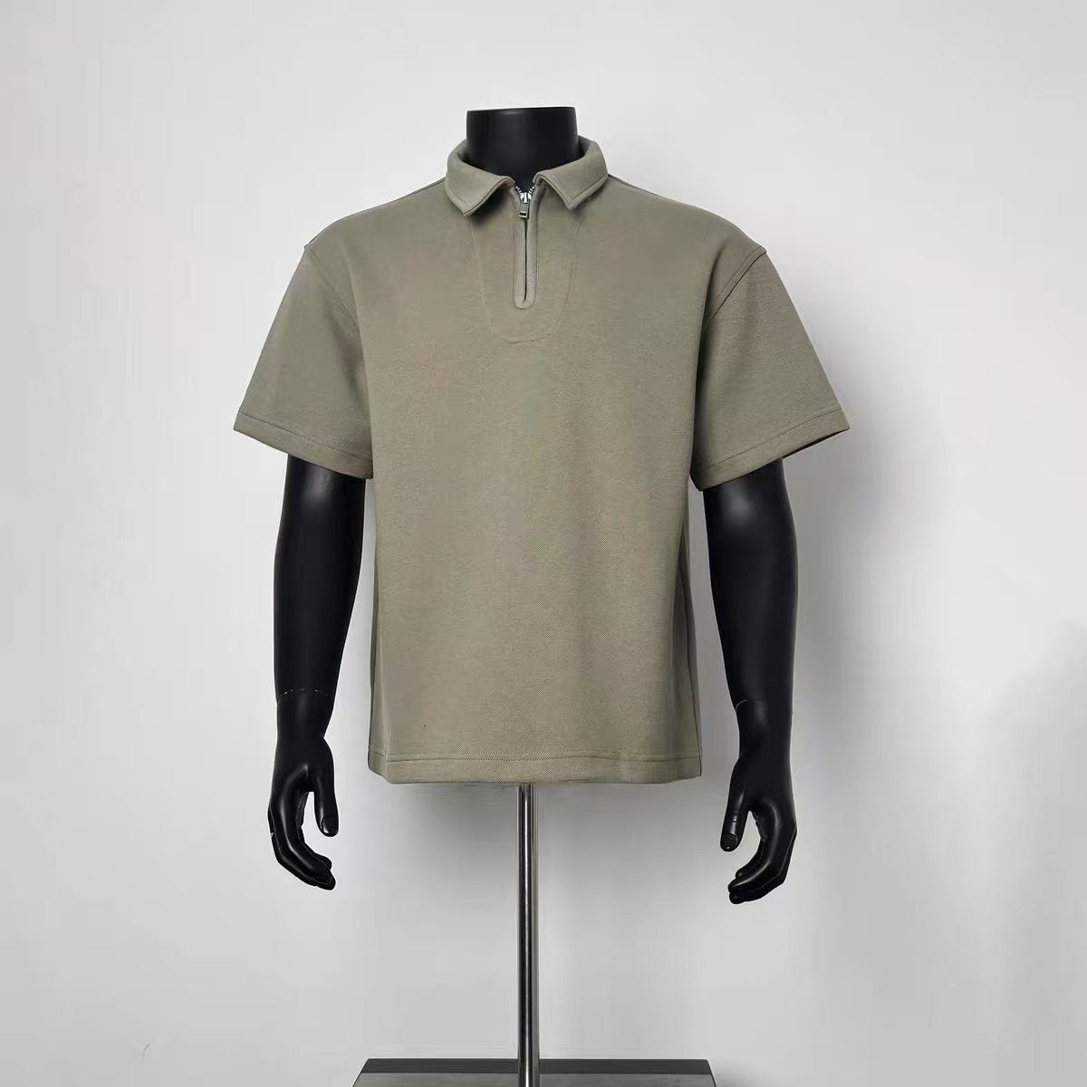 Khaki Quarter Zip Collar Polo Shirt Men Loose Raglan Short Sleeve Smart Casual Top