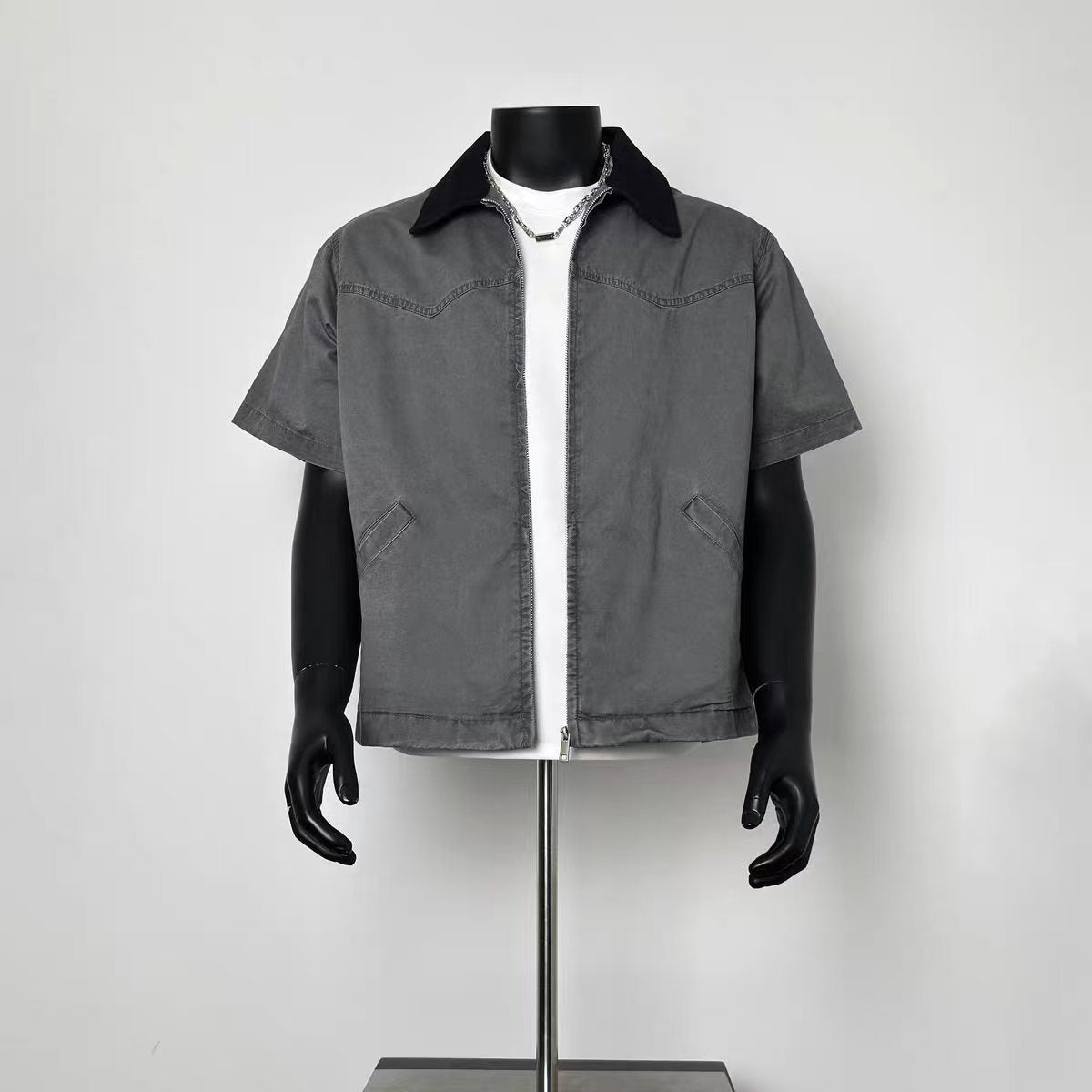 Dark Grey Washed Short Sleeve Work Jacket Men Contrast Black Corduroy Collar Full Zip Vintage Utility Overshirt