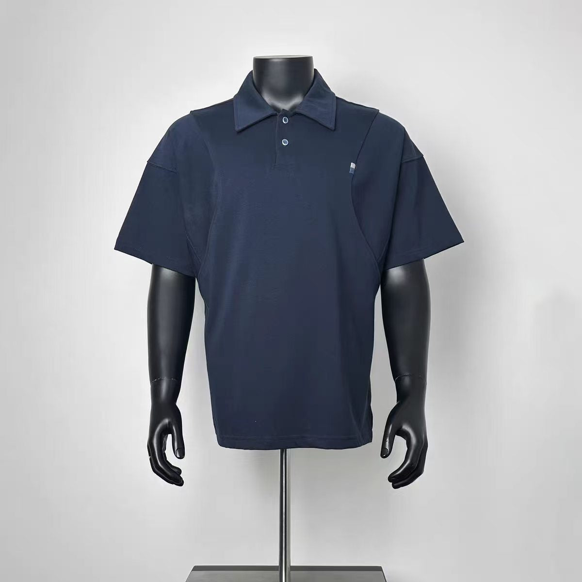 Navy Blue Curved Panel Polo Shirt Men Loose Raglan Short Sleeve Mini Tag Detail Smart Casual Top