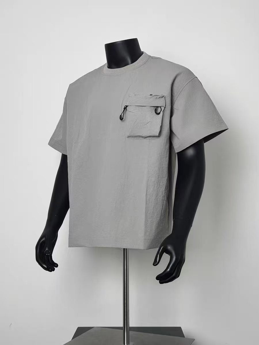 Light Grey Quick Dry Nylon Crew Neck T-Shirt Men Loose Fit Multi Drawstring Cargo Pocket Outdoor Short Sleeve Tech Tee