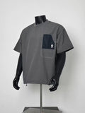 Dark Grey Quick Dry Nylon Crew Neck T-Shirt Men Loose Contrast Black Patch Pocket Location Logo Drawstring Hem Outdoor Tech Short Sleeve Tee