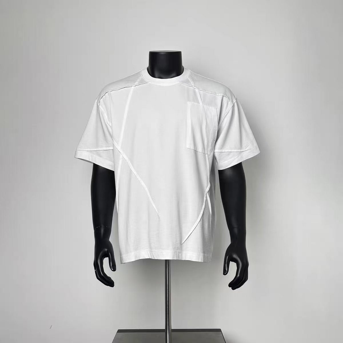 White Deconstructed Asymmetrical Panel T-Shirt Men Loose Boxy Crew Neck Patch