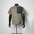 Khaki Color Block Waffle Patch Polo Shirt Men Loose Fit Lapel Two Button Contrast Waffle Fabric Short Sleeve Smart Casual Top