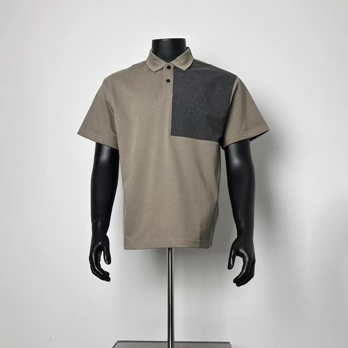 Khaki Color Block Waffle Patch Polo Shirt Men Loose Fit Lapel Two Button Contrast Waffle Fabric Short Sleeve Smart Casual Top