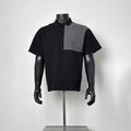 Black Asymmetric Waffle Texture Patch Polo Shirt Men Loose Lapel Two Button Contrast Splicing Short Sleeve Smart Casual Top