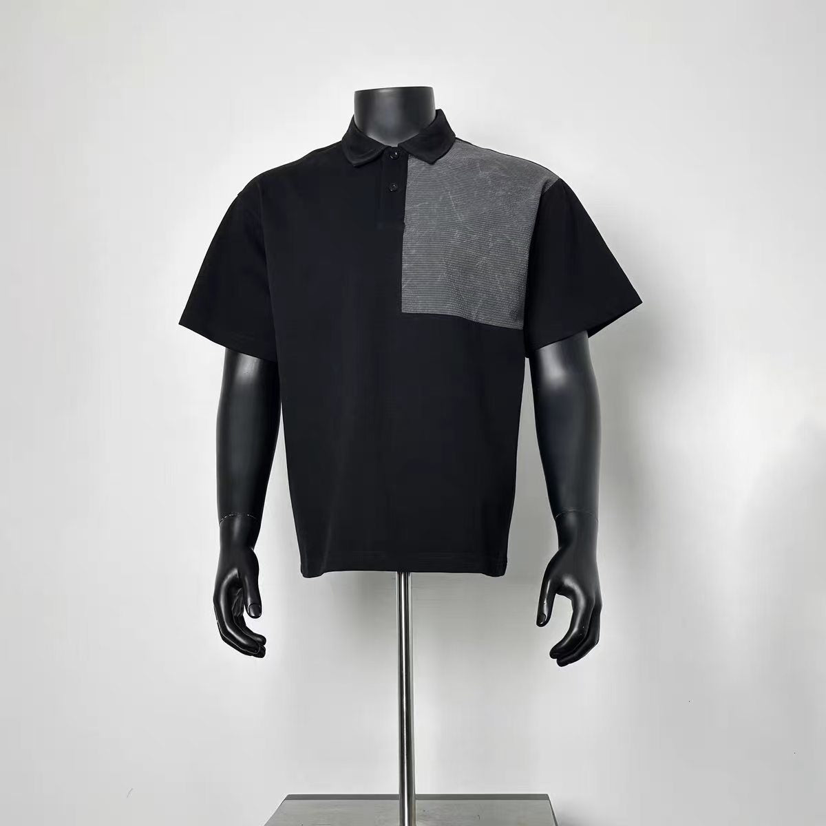 Black Asymmetric Waffle Texture Patch Polo Shirt Men Loose Lapel Two Button Contrast Splicing Short Sleeve Smart Casual Top