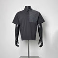 Dark Grey Asymmetric Waffle Texture Patch Polo Shirt Men Loose Lapel Two Button Contrast Splicing Short Sleeve Smart Casual Top