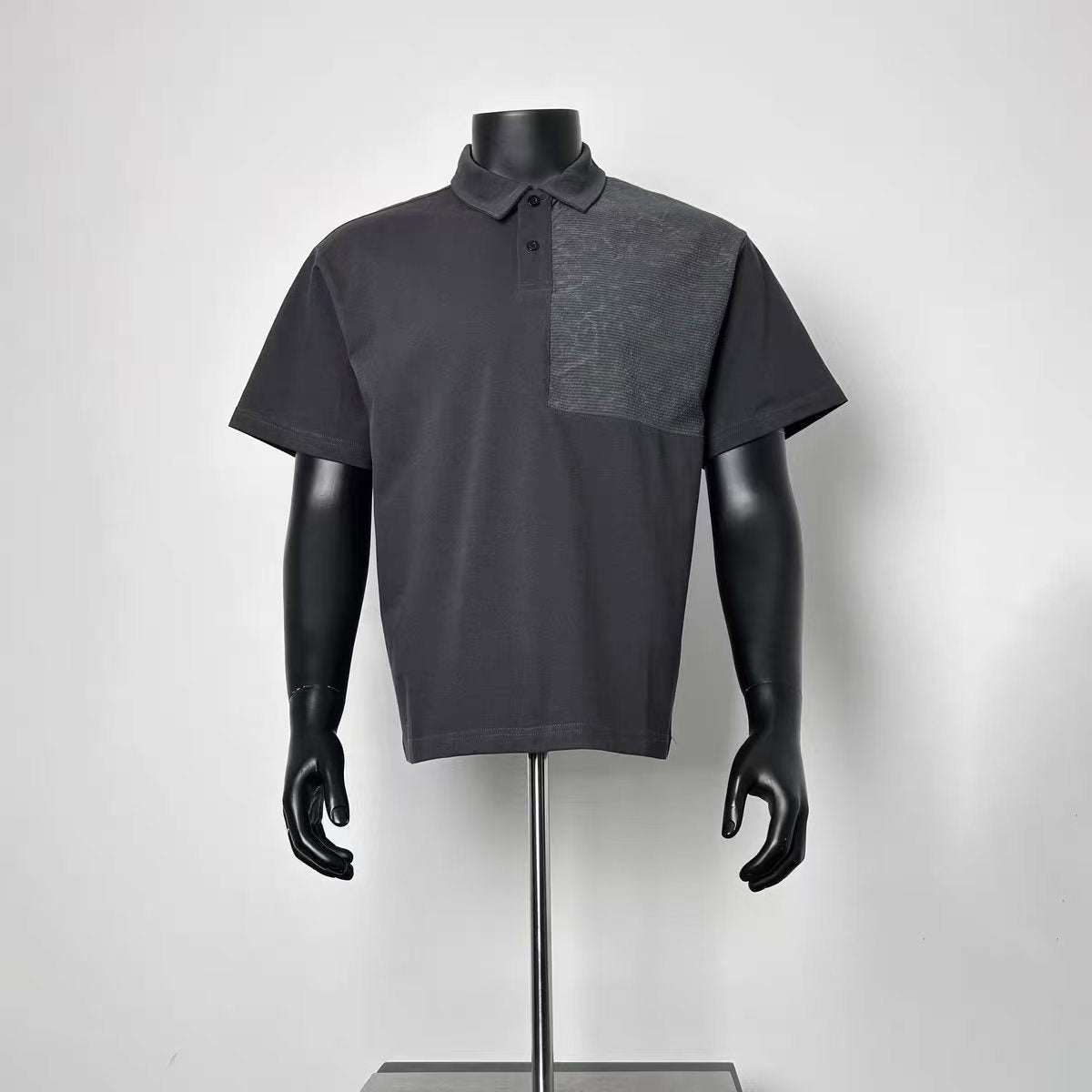 Dark Grey Asymmetric Waffle Texture Patch Polo Shirt Men Loose Lapel Two Button Contrast Splicing Short Sleeve Smart Casual Top