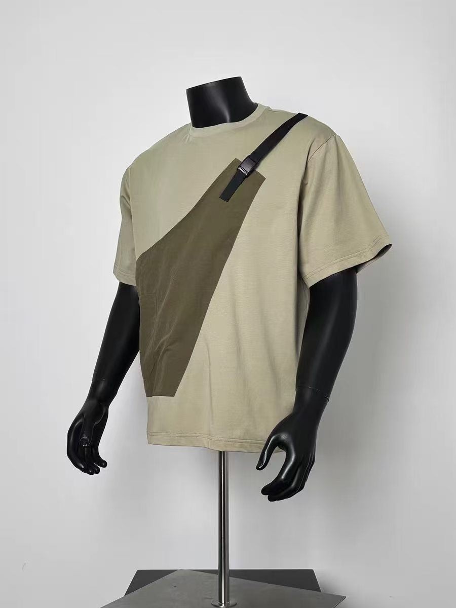 Khaki Diagonal Olive Color Block T-Shirt Men Loose Crew Neck Adjustable Buckle Strap Decor Utility Streetwear Short Sleeve Casual Tee