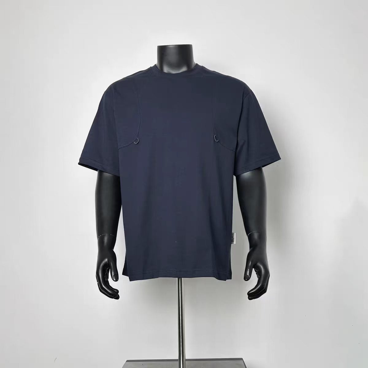 Navy Curved Contour Seam T-Shirt Men Loose Boxy Crew Neck Metal D-Ring Detail Side Slit Minimal Architectural Tailoring Short Sleeve Casual Tee