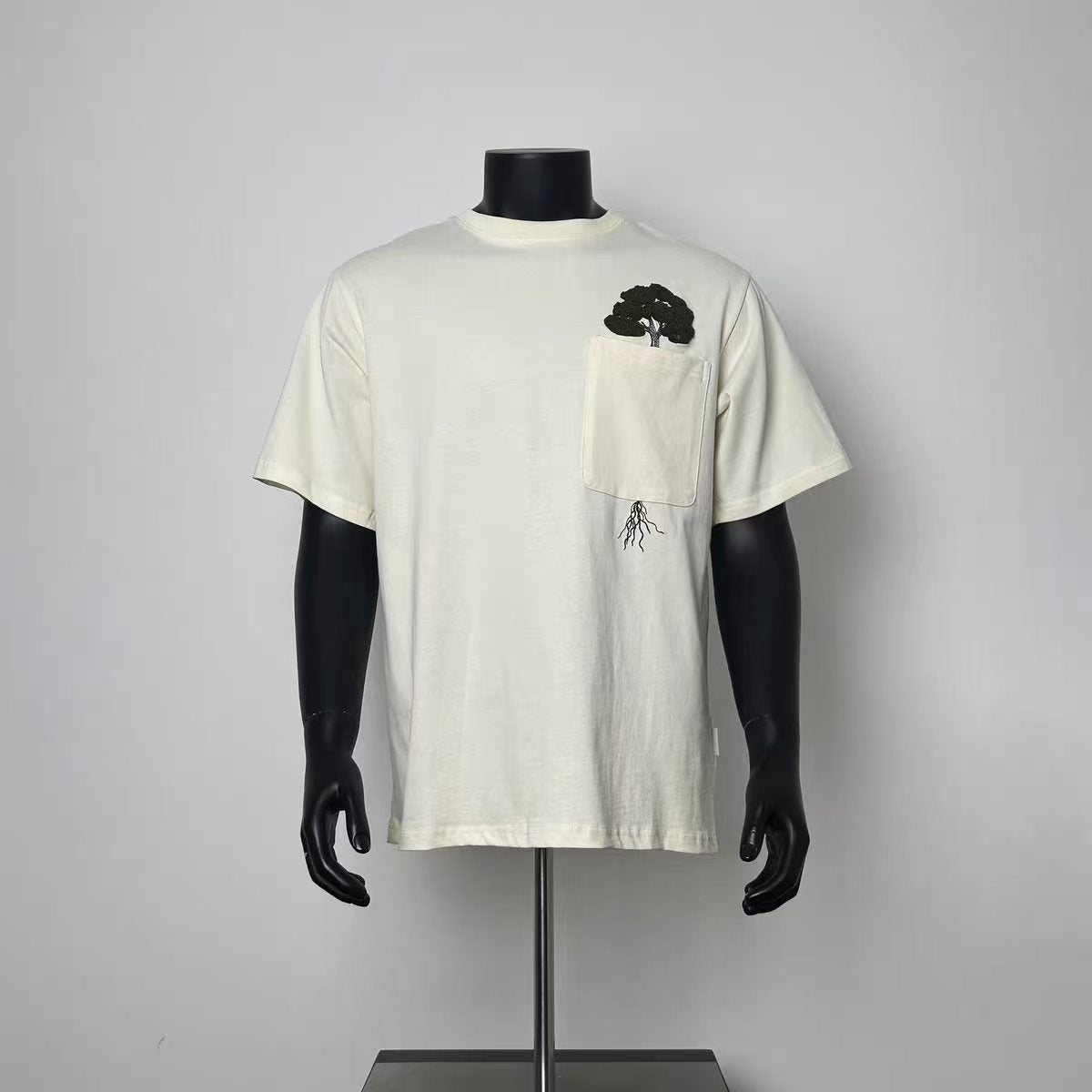 Off White Tree Embroidery Patch Pocket T-Shirt Men Loose Boxy Crew Neck Root Print Nature Minimal Casual Short Sleeve Tee