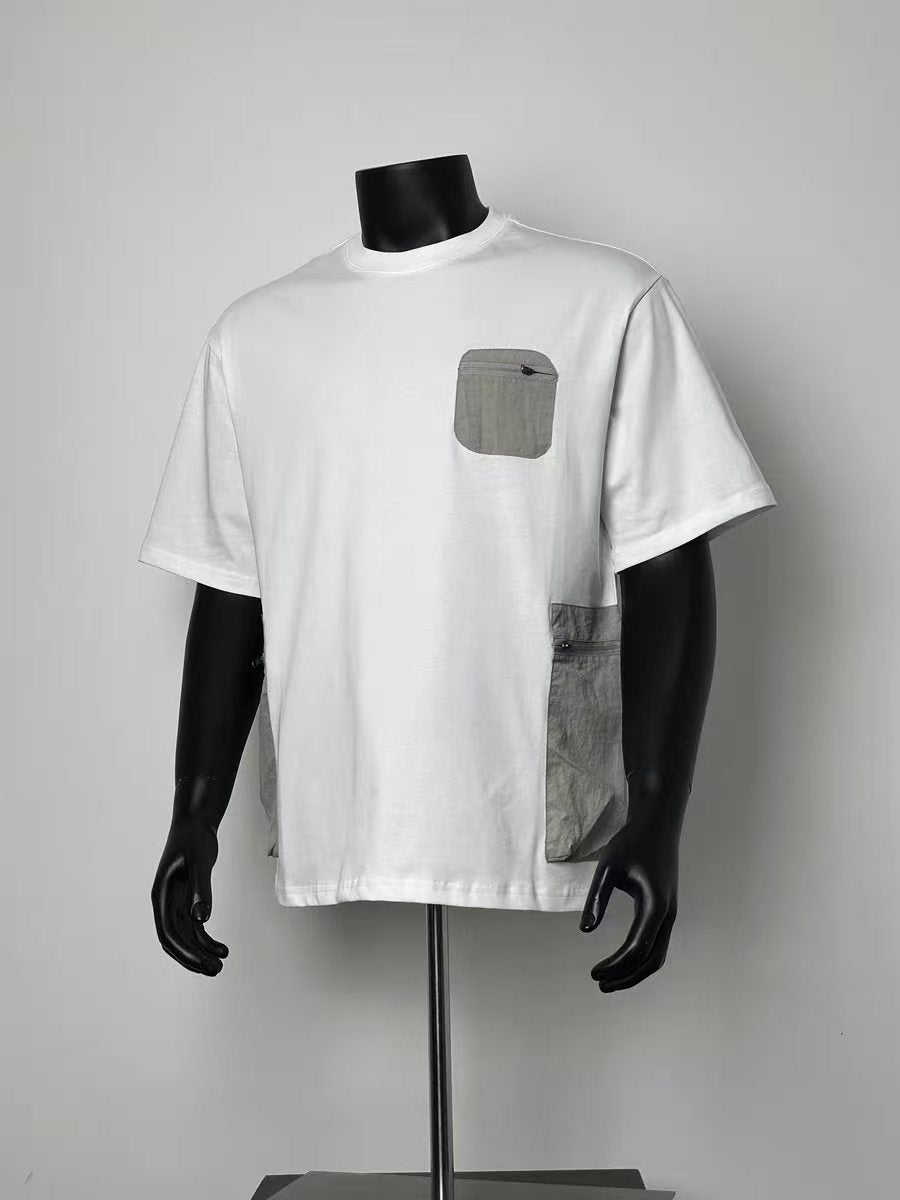 White Nylon Zip Pocket Color Block T-Shirt Men Loose Crew Neck Multi Zipper Cargo Pocket Utility Outdoor Short Sleeve Tee