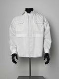 Men's White Patch Pocket Oversized Long Sleeve Work Shirt, Casual Button Up Shacket