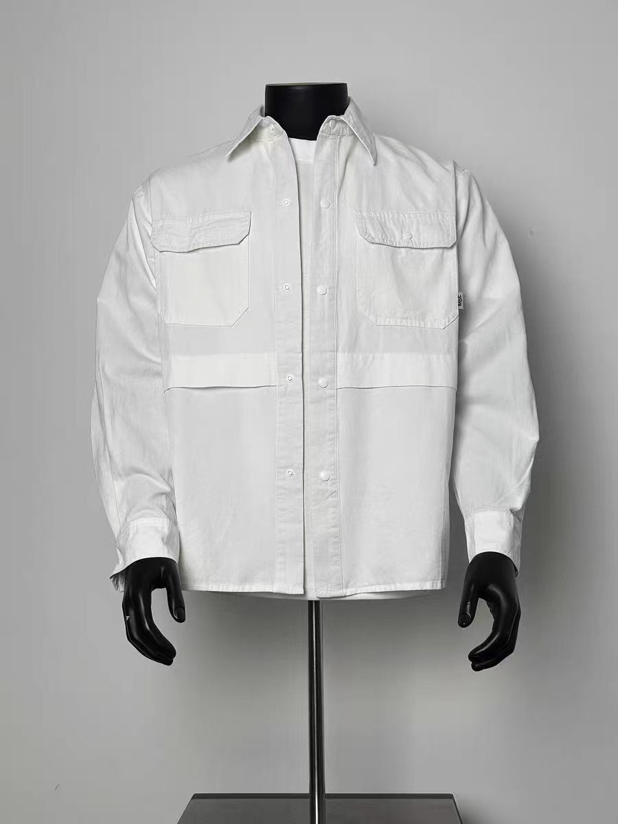 Men's White Patch Pocket Oversized Long Sleeve Work Shirt, Casual Button Up Shacket
