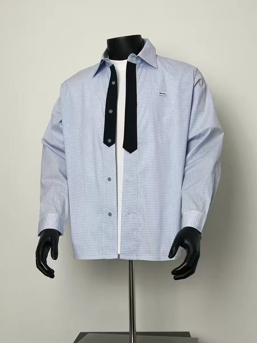 Men's Light Blue Mini Gingham Long Sleeve Button Down Shirt with Detachable Tie, Casual Loose Fit Check Shirt