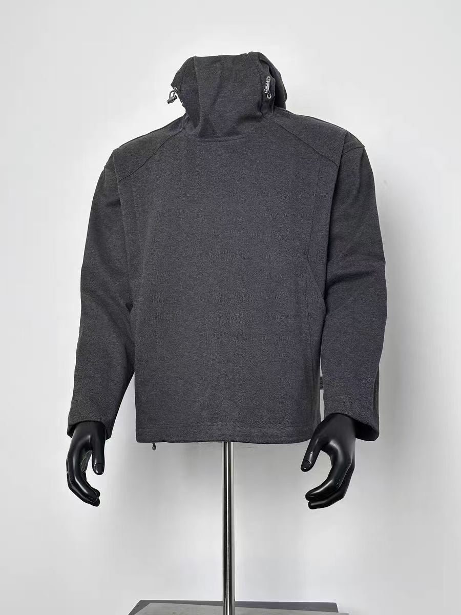 Men's Dark Heather Gray Softshell Hooded Jacket, Loose Fit Windproof Casual Pullover Hoodie Coat