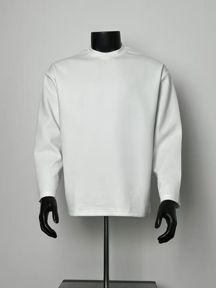 Men's Solid White Crew Neck Long Sleeve Basic T-Shirt, Loose Fit Premium Soft Layering Top