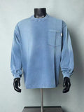 Men's Washed Light Blue Crew Neck Long Sleeve T-Shirt with Chest Pocket, Loose Vintage Casual Pocket Top