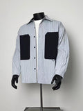 Men's Light Grey Vertical Striped Overshirt Jacket, Color Block Black Patch Pockets Crinkled Button Up Shacket