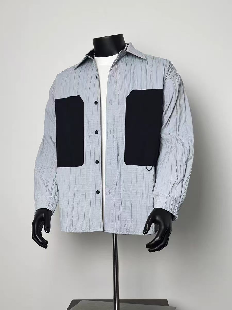 Men's Light Grey Vertical Striped Overshirt Jacket, Color Block Black Patch Pockets Crinkled Button Up Shacket