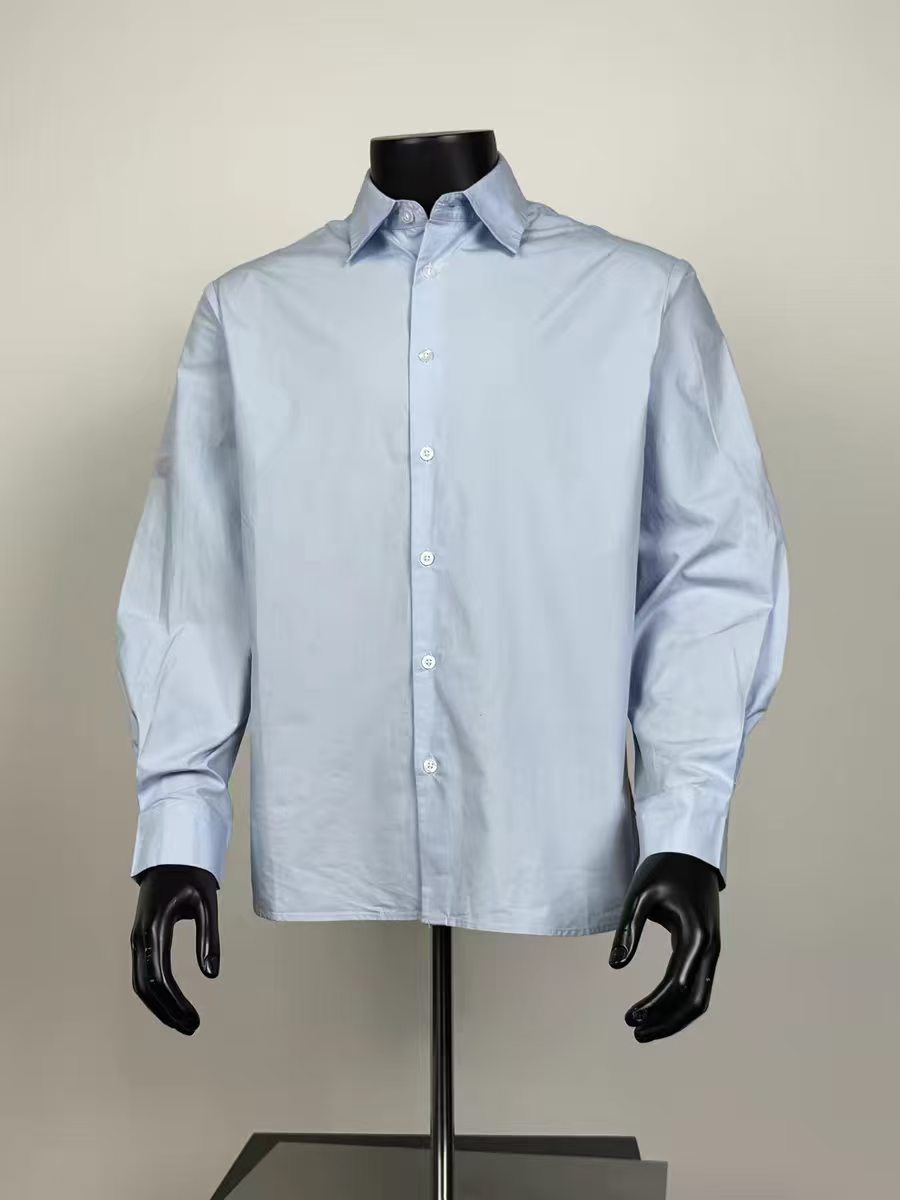 Men's Plain Light Blue Oversized Long Sleeve Button Down Shirt, Minimalist Loose Cotton Casual Shirt