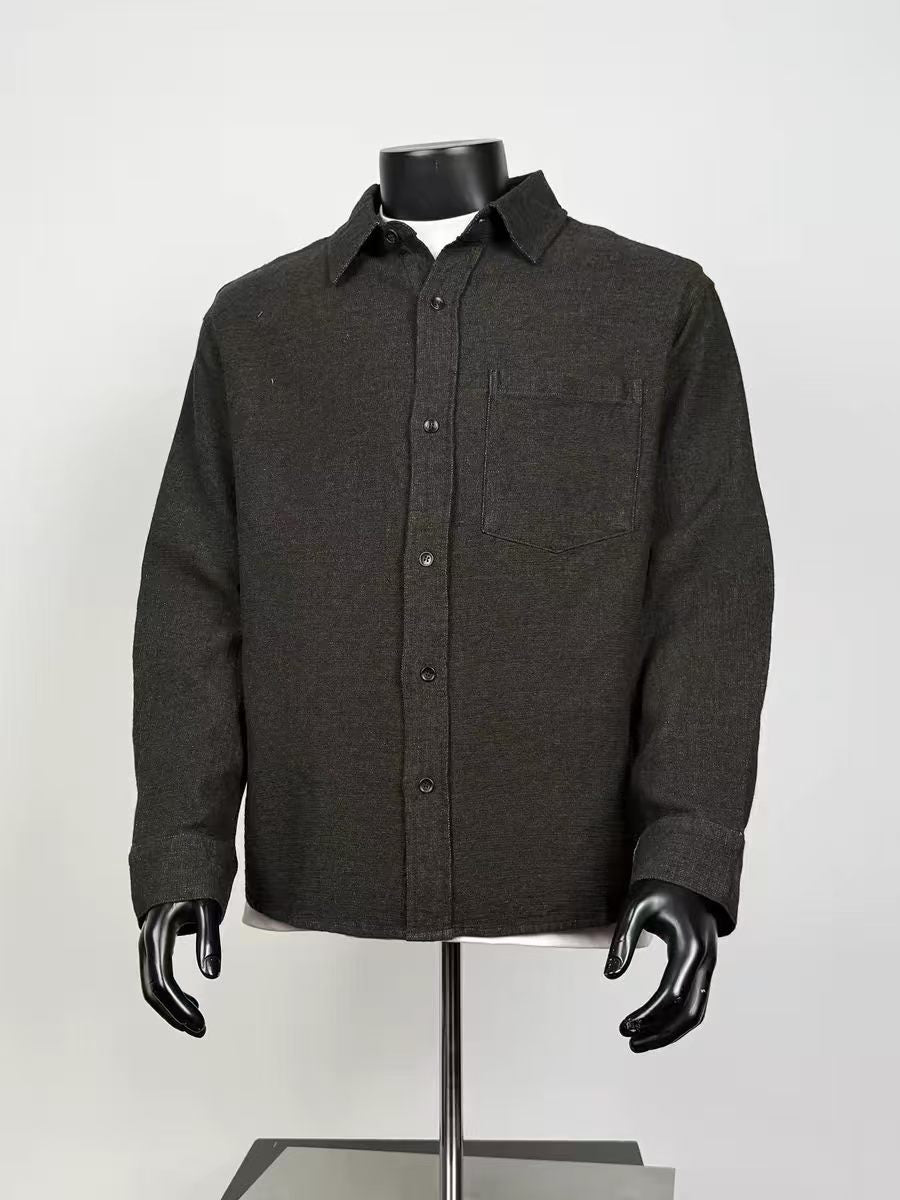 Men's Dark Heather Grey Flannel Long Sleeve Button Down Shirt, Loose Fit Single Chest Pocket Casual Overshirt