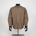 Men's Vintage Brown Mini Check Long Sleeve Shirt with Matching Detachable Tie, Loose Preppy Casual Grid Button Up Top