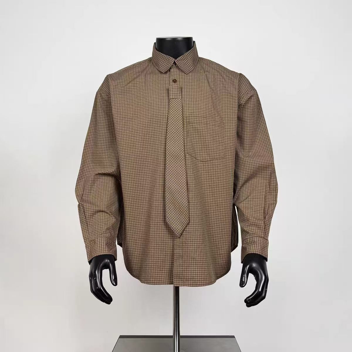 Men's Vintage Brown Mini Check Long Sleeve Shirt with Matching Detachable Tie, Loose Preppy Casual Grid Button Up Top