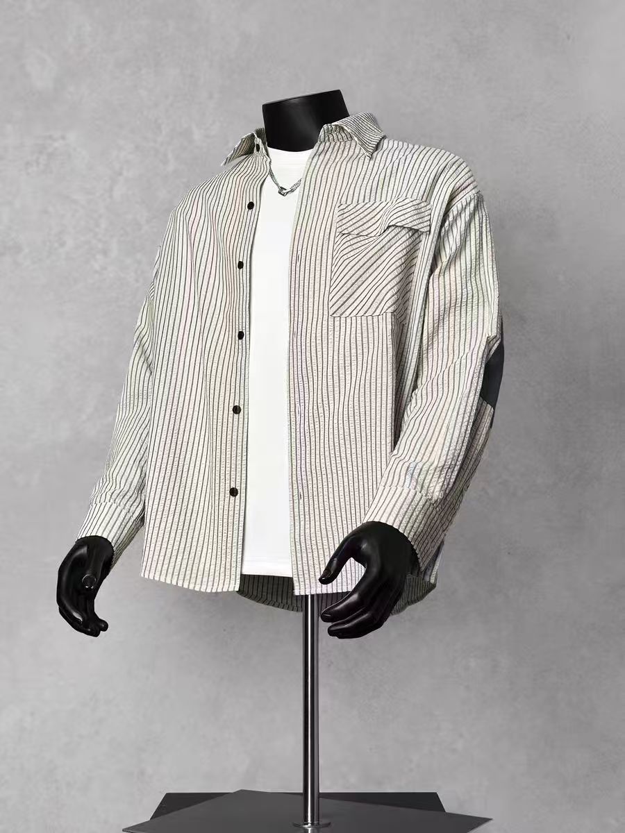 Men's Vertical Stripe Crinkled Long Sleeve Shirt, Color Block Elbow Patch Loose Casual Button Up Overshirt