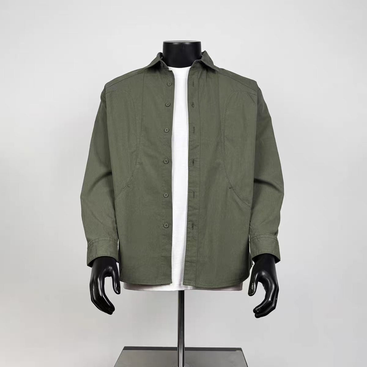 Men's Solid Army Green Curved Seam Utility Overshirt, Loose Fit Workwear Long Sleeve Button Up Shacket