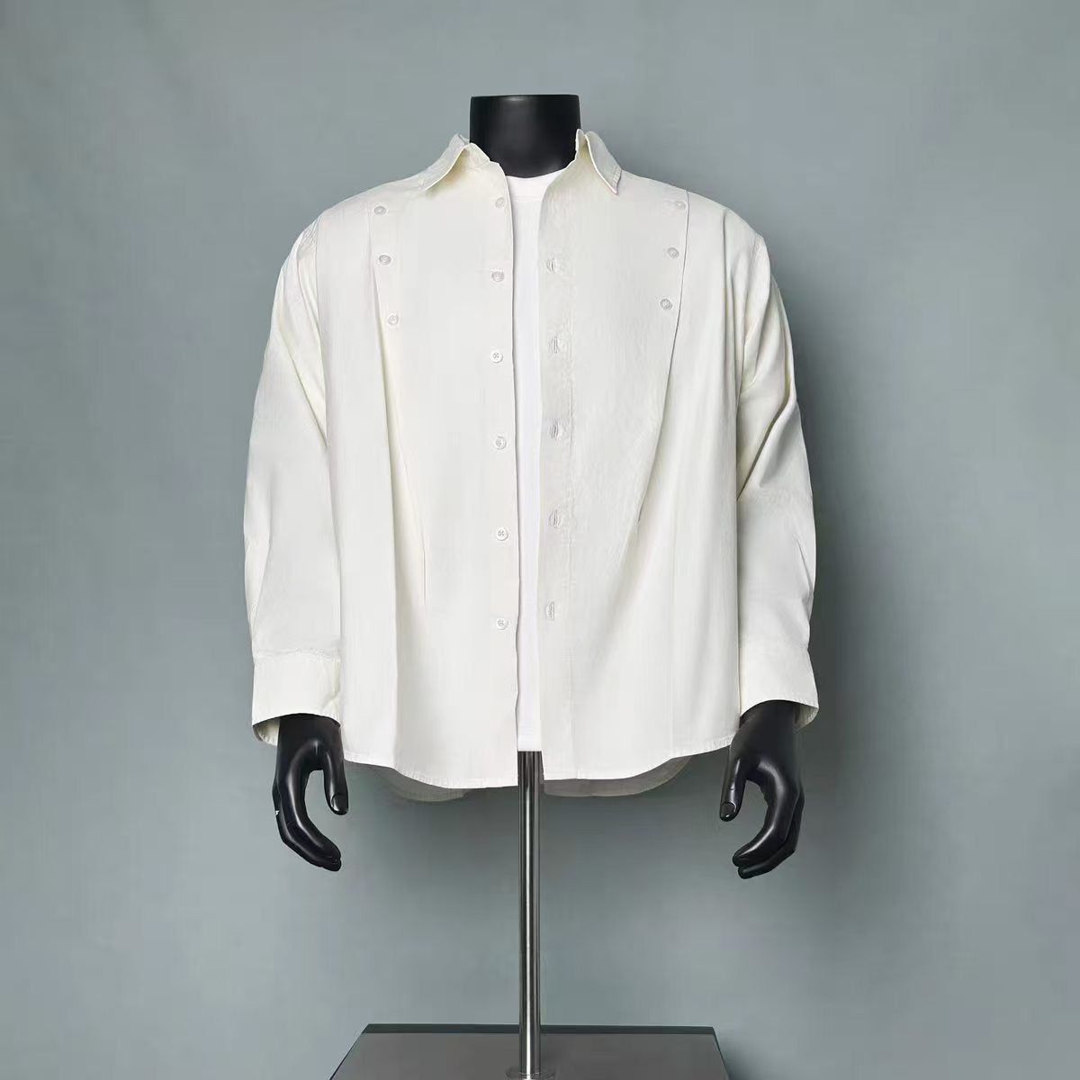 Men's Off White Decorative Shoulder Button Oversized Long Sleeve Shirt, Minimal Deconstructed Casual Button Up Over Shirt