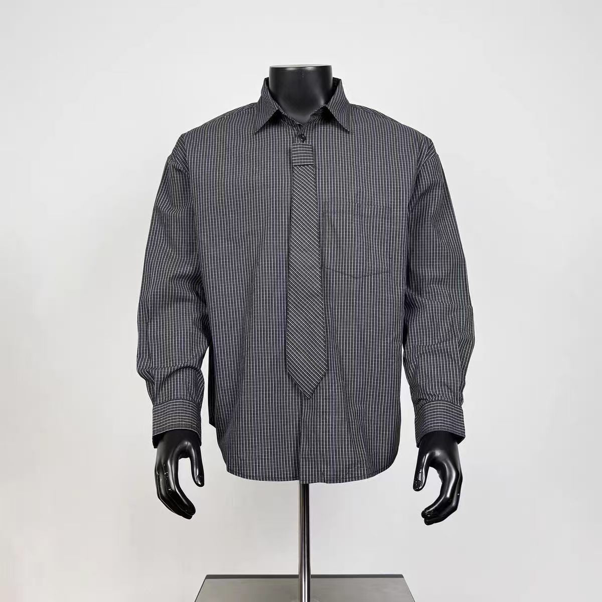Men's Dark Grey Mini Grid Check Long Sleeve Shirt with Matching Detachable Tie