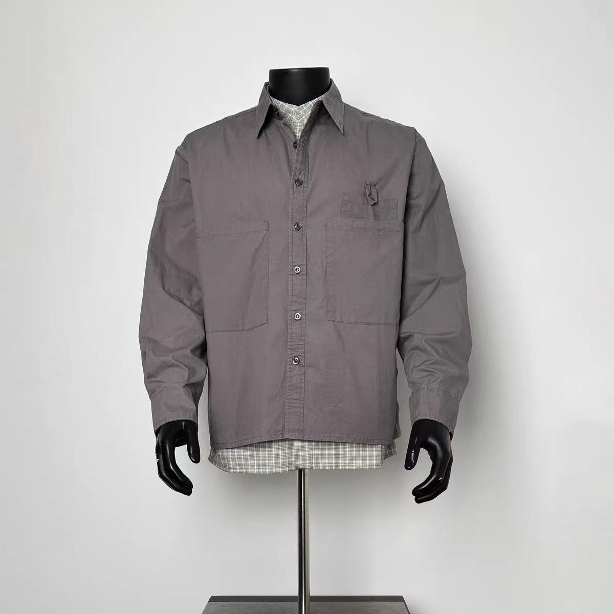 Men's Grey Fake Two-Layer Plaid Hem Utility Shirt