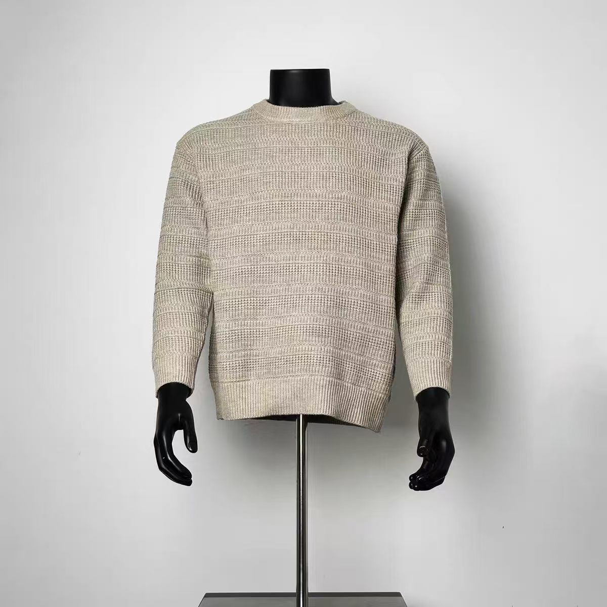 Men's Oatmeal Waffle Knit Crew Neck Sweater, Loose Textured Long Sleeve Pullover Casual Knit Top