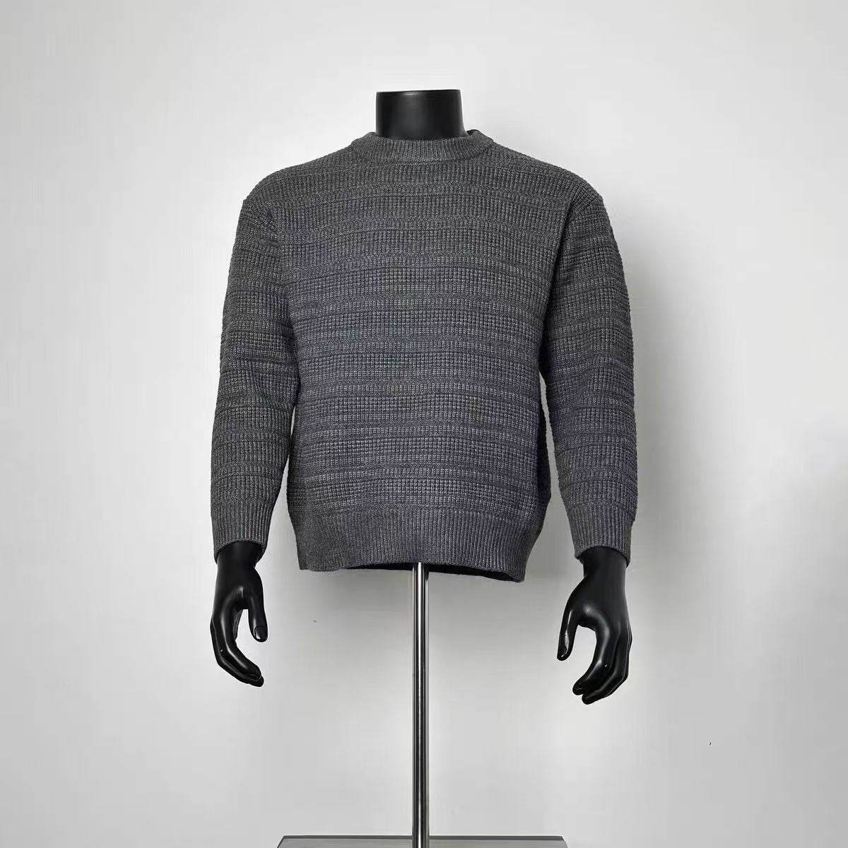 Men's Dark Grey Waffle Knit Crew Neck Sweater, Loose Horizontal Textured Long Sleeve Knit Pullover