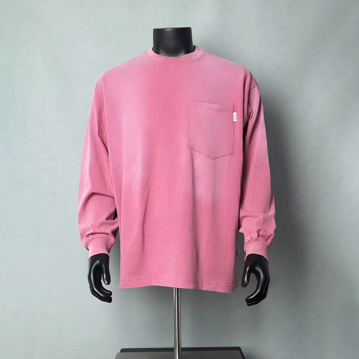 Men's Vintage Washed Pink Pocket Long Sleeve Crew Neck Tee