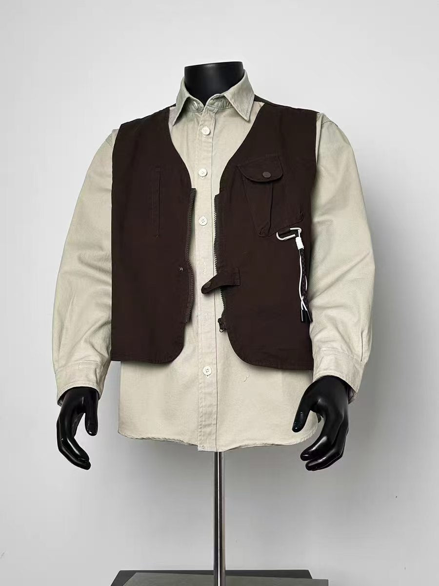 Dark Brown Utility Cargo Vest Layer Outfit with Beige Long Sleeve Shirt 2-Piece Set