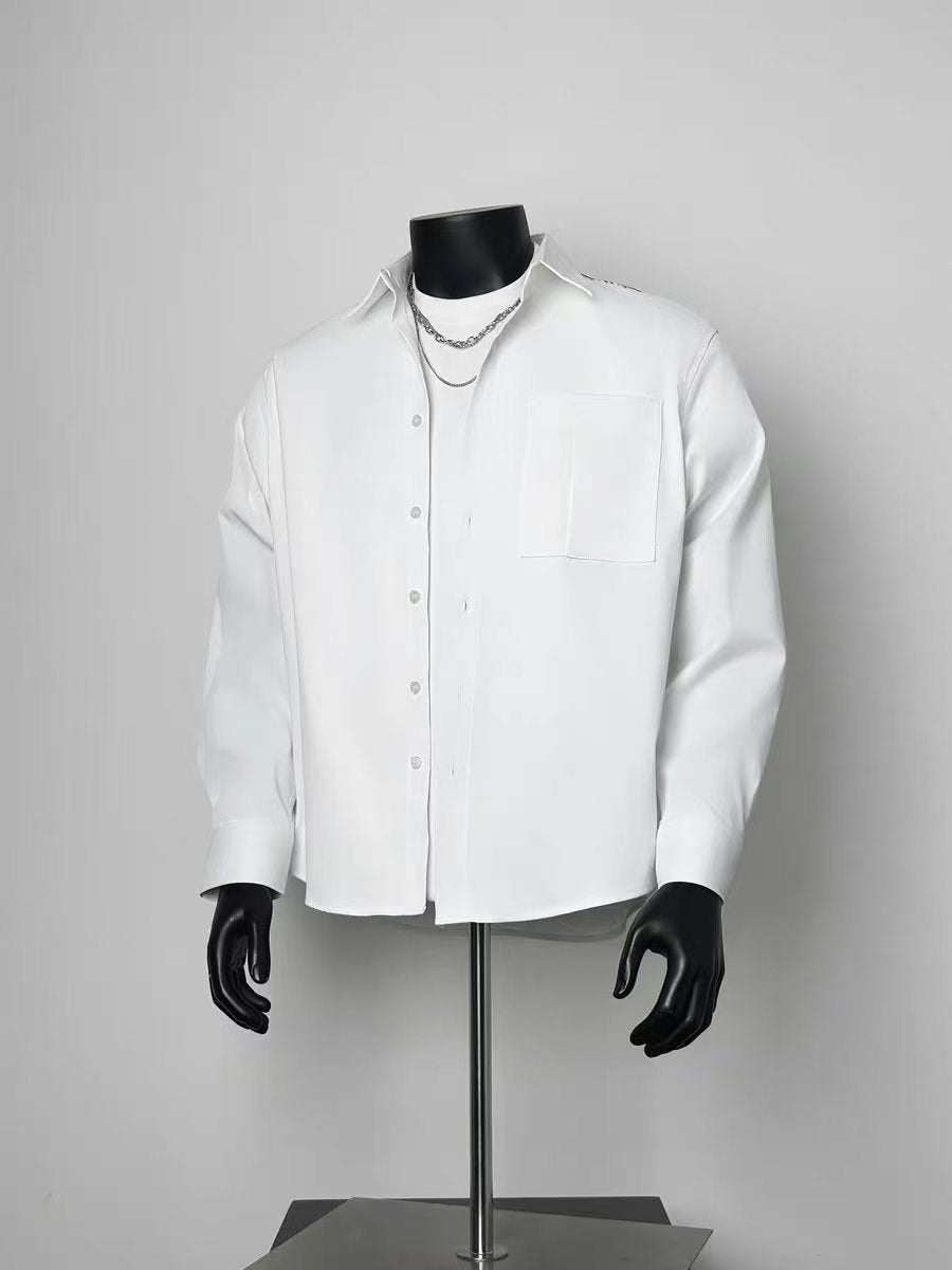 Men’s Oversized White Long Sleeve Button Down Shirt, Minimalist Pocket Casual Shirt