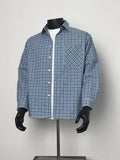 Vintage Blue Grid Check Lapel Shirt Single Chest Pocket Relaxed Layer Top
