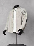 Men’s Vertical Striped Textured Long Sleeve Shirt Elbow Patch Relaxed Fit Casual Overshirt