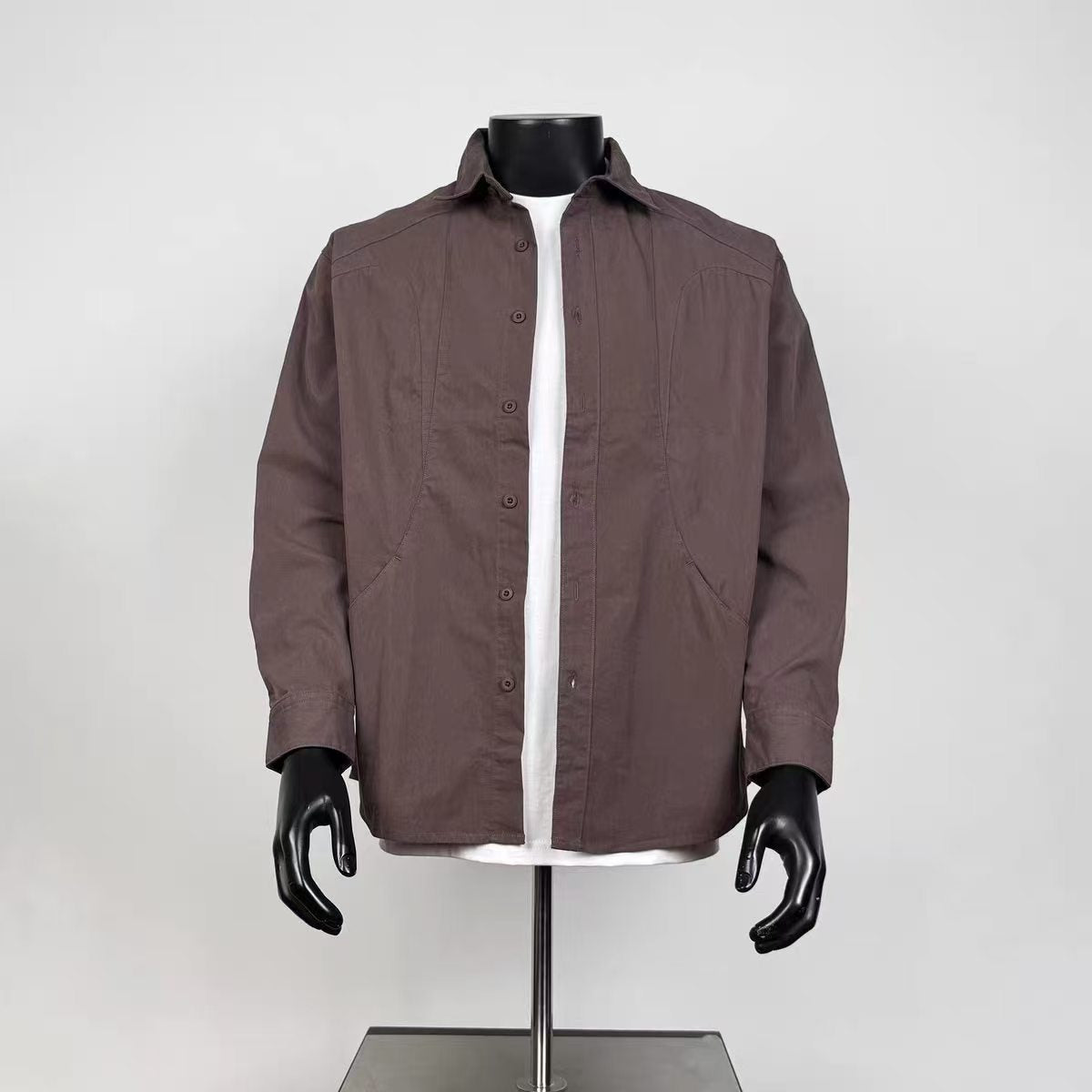 Vintage Dark Brown Structured Panel Lapel Button Down Casual Layering Top
