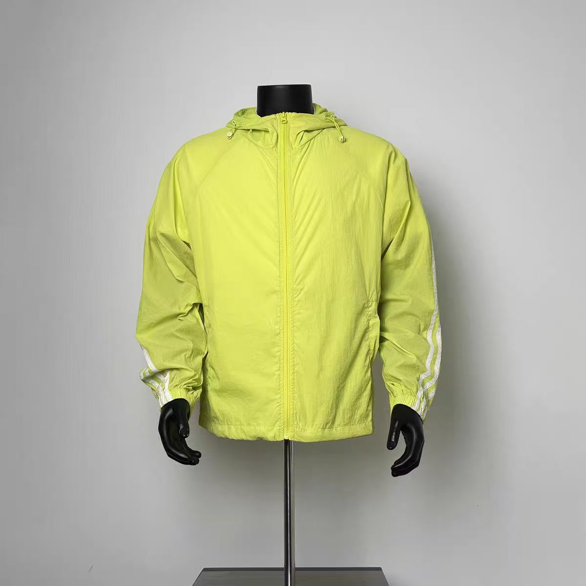 Bright Fluorescent Yellow 3 White Stripe Raglan Sleeve Casual Track Wind Jacket