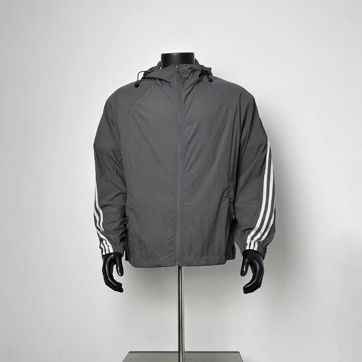 Men’s Dark Grey 3 White Striped Hooded Windbreaker Lightweight Zip Up Sport Jacket