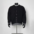 Men’s Black Crew Neck Button Cardigan Faux Two Piece Plaid Hem Layer Sweater Jacket